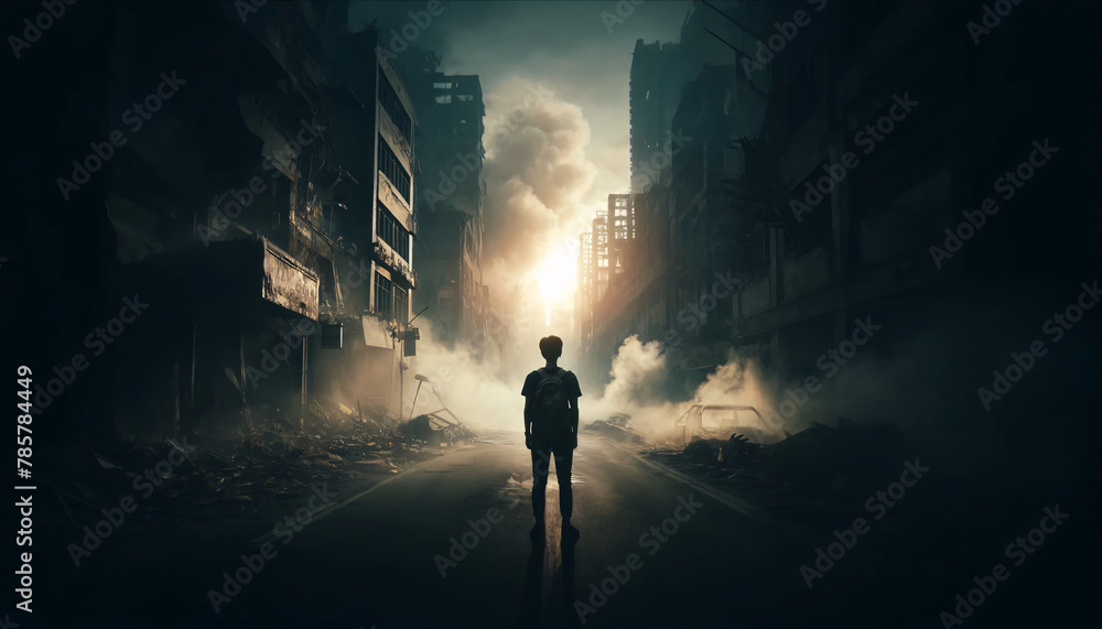 a young person standing in the middle of a desolate street