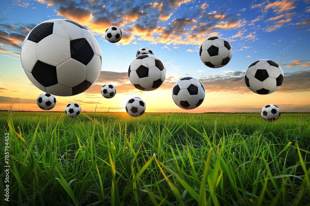 Soccer balls hover gracefully in the sky, Concpet photography, surrealism art