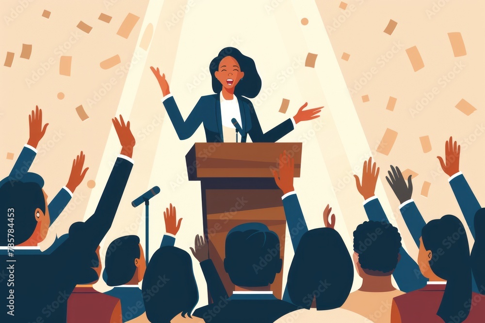 A woman on a podium and addresses a cheering and applauding crowd, showing her support A woman on a podium and addresses a cheering and applauding crowd, showing her support
