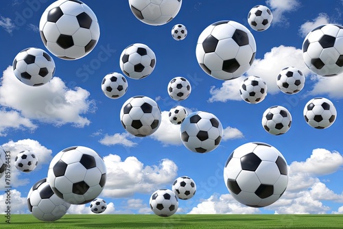 Soccer balls hover gracefully in the sky  Concpet photography  surrealism art