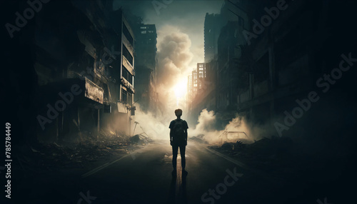 a young person standing in the middle of a desolate street photo