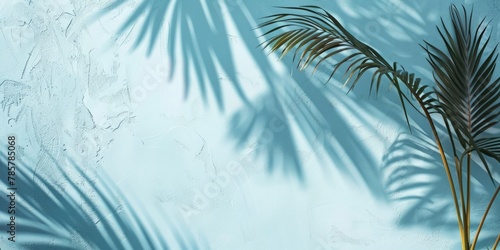 Leafy palm tree silhouette on a calming blue background. Tranquil coastal scene.