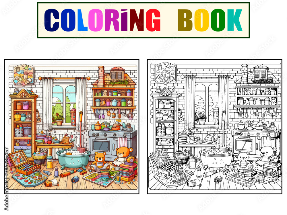 Set coloring and color picture, kitchen room. Like grandma, cute childish. Vector, generative ai.