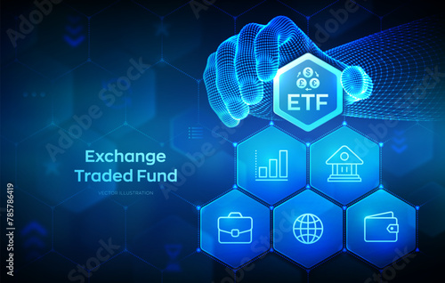 ETF. Exchange traded fund stock market trading investment financial concept. Stock market index fund. Business Growth. Hand places an element into a composition visualizing ETF. Vector illustration.