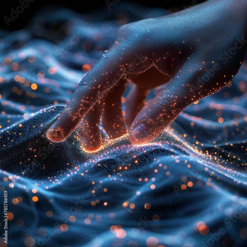 The five fingers touching the wavy sand dune particles glow brightly against the dark background. Abstract concept of technology innovation connected digital cyberspace.