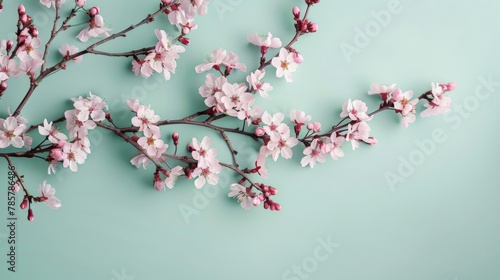 Delicate cherry blossoms in shades of pink and white bloom on a soft mint green background evoking a sense of serenity.