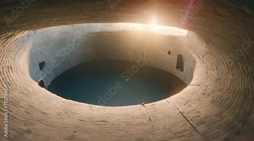 view shot of a vast underground chamber, with sunlight streaming in from a hole in the ceiling.
 photo