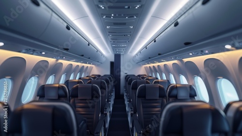 The interior of a modern airplane cabin with passengers comfortably seated and the captains voice announcing that the flight will be running on environmentallyfriendly biofuel. . photo