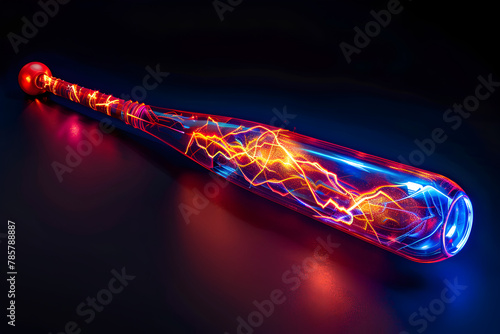 Neon red and blue baseball bat with lightning bolts isolated on black background.