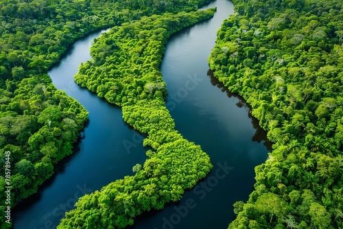 aerial view of the lush amazon river and tropical rainforest landscape