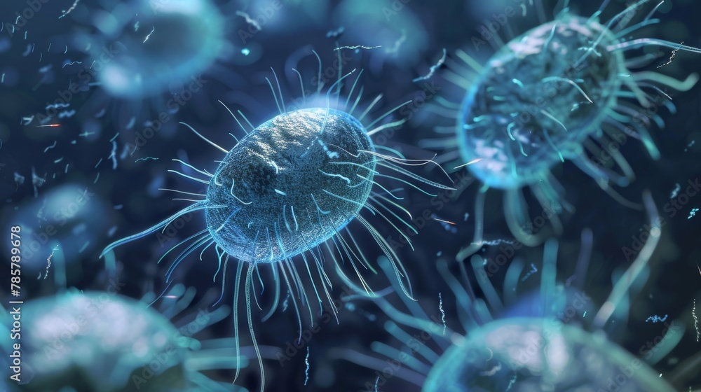 Fototapeta premium A field of spherical bacteria cells each one surrounded by a halo of smaller moving flagella that propel the cell through its environment.