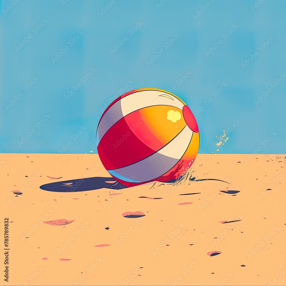 Vibrant beach ball on the golden sands under the bright summer sky, evoking the fun and relaxation of a beach day..