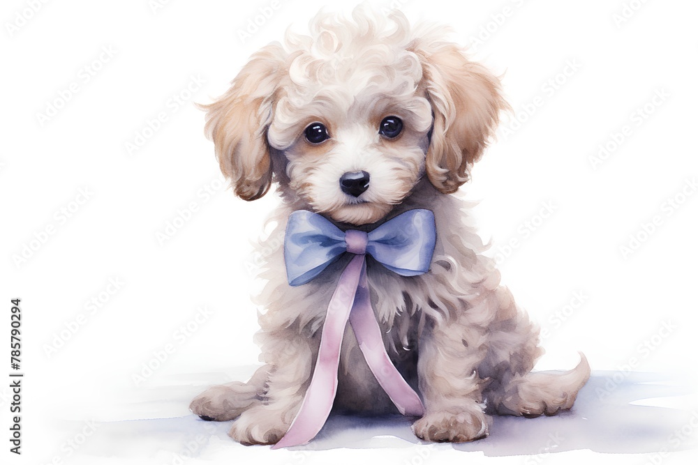 Cute puppy with bow tie isolated on white background. Watercolor painting. Cute puppy with bow tie isolated on white background. Watercolor painting.