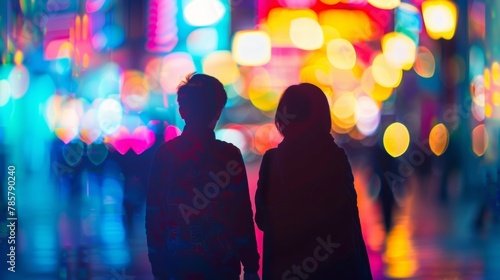 Two figures backs turned to the camera appear to be deep in conversation as they walk along a neonlit street. The colors and . .