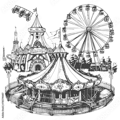 amusement park images using Old engraving style black color only