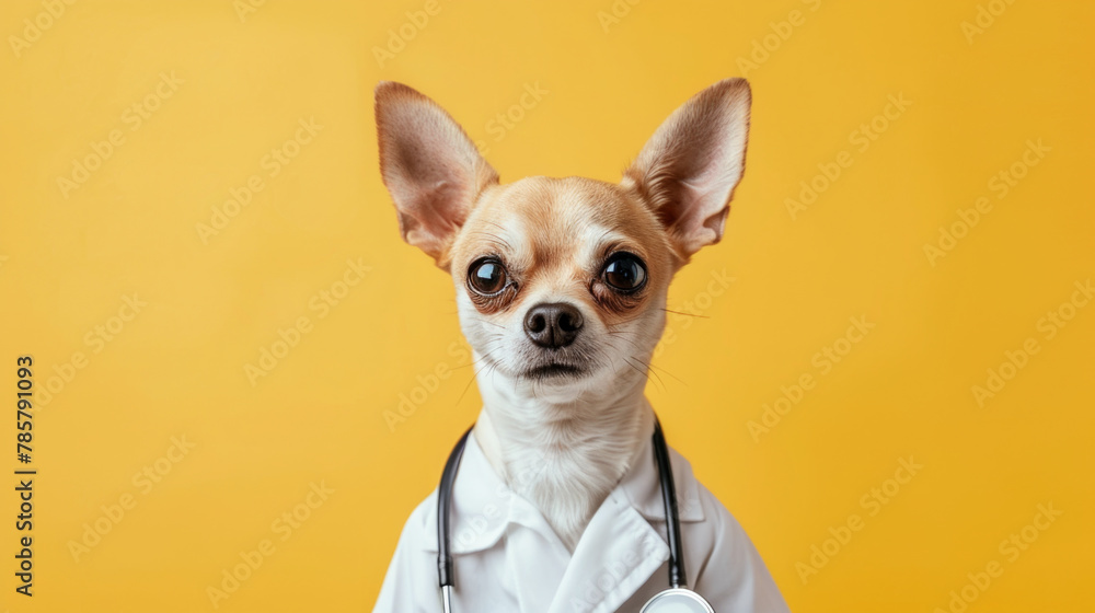 Portrait of chihuahua dog wearing doctor uniform or doctor gown with stethoscope isolated on clean background.
