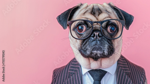 Portrait of pug dog wearing suit and tie with questioned face. Isolated on clean background. © Tepsarit