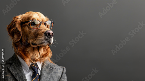 Portrait of golden retriever dog wearing glasses suit and tie as a businessman. Isolated on clean background. Copyspace on the side. --ar 16:9
