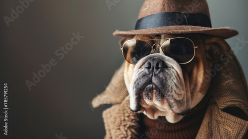 Portrait of bulldog in mafia gangster costume. Wearing hat, overcoat and sunglasses. Isolated on clean background. Copyspace on the side. --ar 16:9 photo