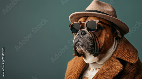 Portrait of bulldog in mafia gangster costume. Wearing hat, overcoat and sunglasses. Isolated on clean background. Copyspace on the side. --ar 16:9