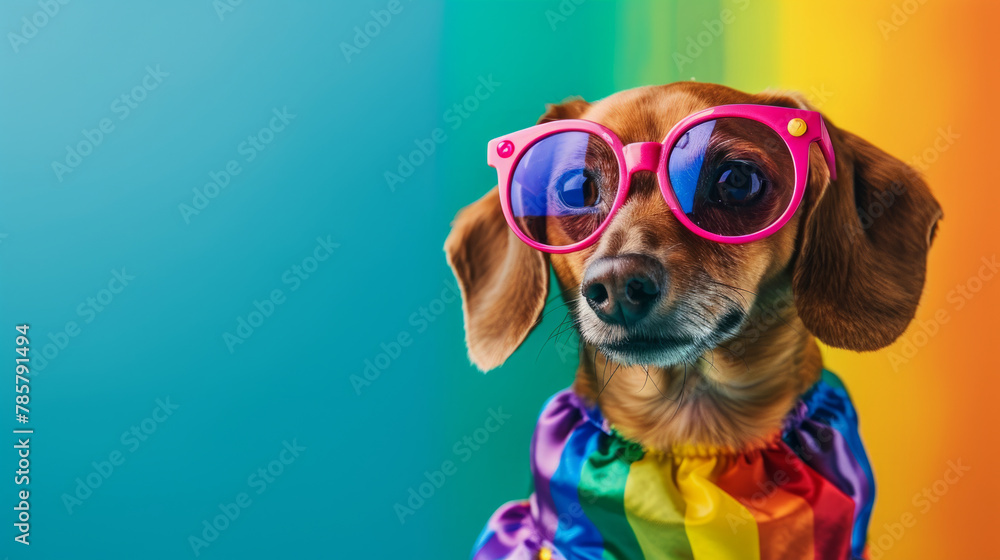 Portrait of Portrait of dachshund in rainbow costume. LGBTQ, pride month, pride parade concept. Isolated on clean background. Copyspace on the side. 