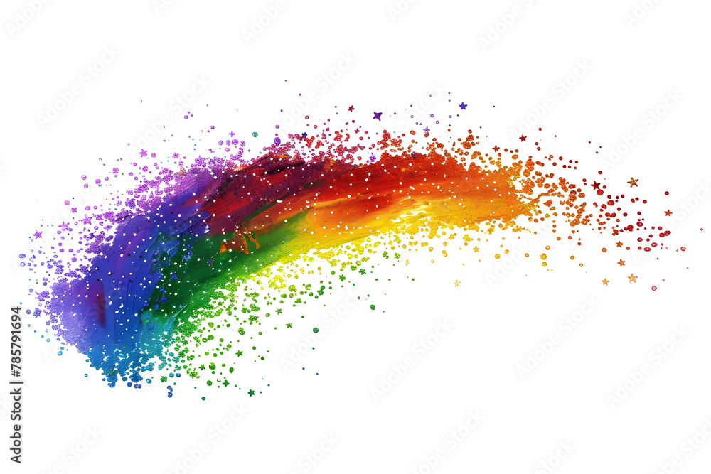 Vibrant rainbow color explosion with glitter effect on isolated background.