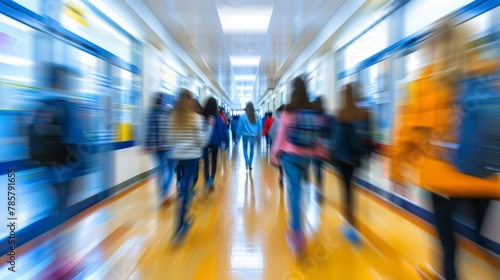 Softly blurred image of a school hallway filled with the energetic chatter and movement of students conveying the nurturing presence of teachers as they guide their students towards .