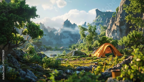 Produce a stunning CG 3D rendering of a side view animation style scene portraying a serene wilderness camping site integrating blockchain technology photo