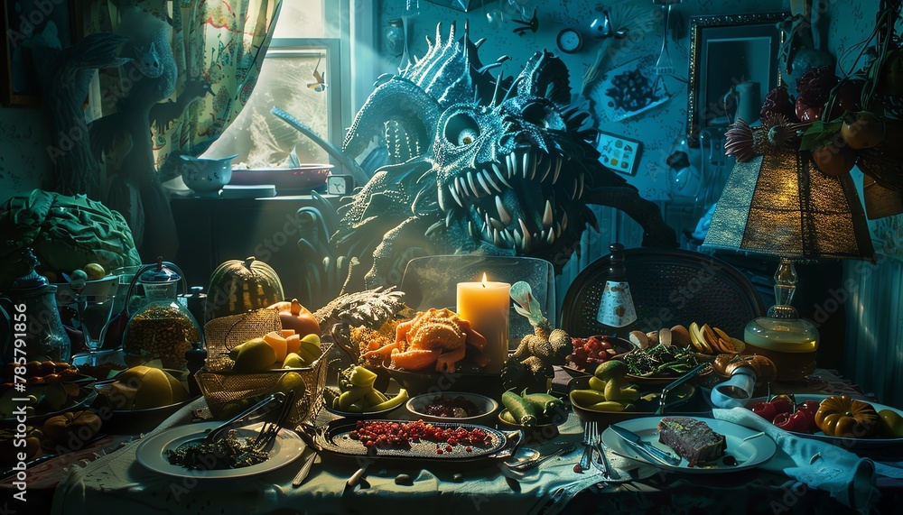 surreal food items morphed into grotesque shapes, mysterious shadows lurking in the dimly lit corners Employ innovative lighting techniques to heighten the horror element, creating a chilling yet capt - obrazy, fototapety, plakaty 