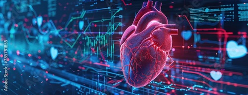 Futuristic human heart with data visualization lines, representation, 3d created with AI
