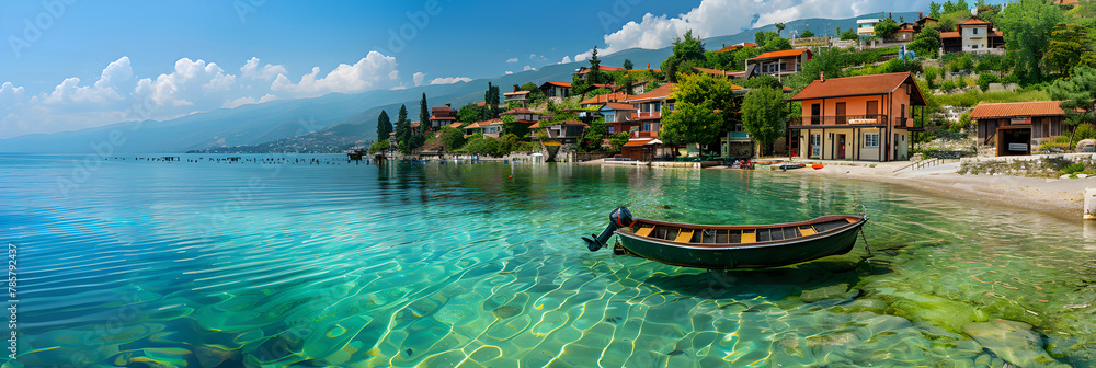 Calm and Serene Boat Ride on the Vibrant Lake Ohrid under Macedonia's Picturesque Mountain Range. 