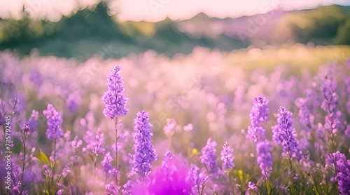 Wild Flowers on a Meadow with Soft Blurred Lilac and Purple Tones photo