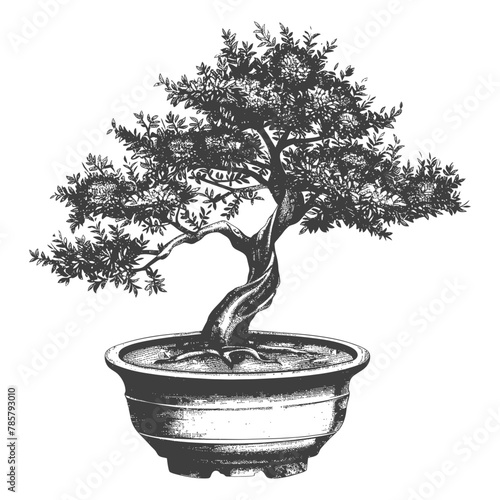 bonsai tree images using Old engraving style body black color only