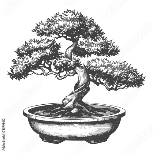 bonsai tree images using Old engraving style body black color only