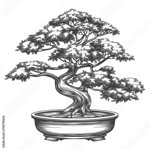 bonsai tree images using Old engraving style body black color only