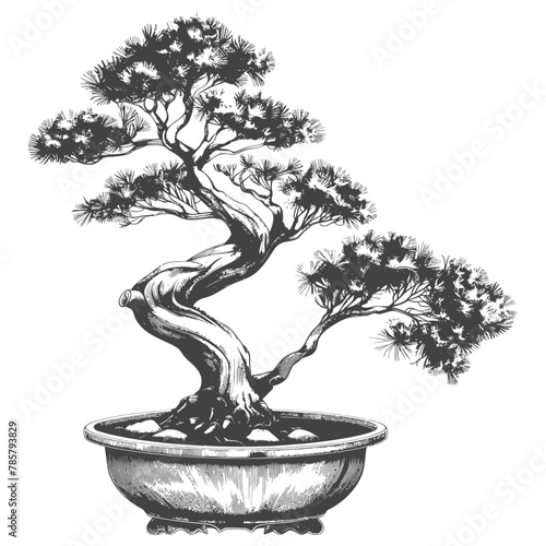 bonsai tree images using Old engraving style body black color only