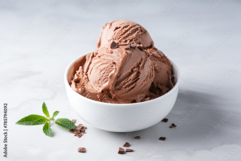 Chocolate ice cream in a white bowl on white table with copy space minimalistic style Chocolate ice cream in a white bowl on white table with copy space minimalistic style