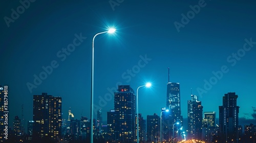 A city skyline illuminated by streetlights powered by algaebased biofuel demonstrating the potential for sustainable energy solutions. . photo