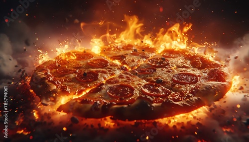 Imagine a cosmic journey where a 3Drendered pizza defies gravity in the depths of hell photo