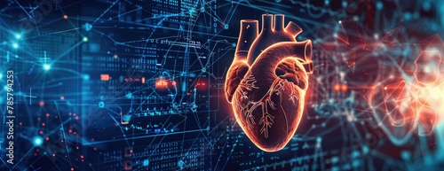 Futuristic human heart with data visualization lines, representation, 3d created with AI photo