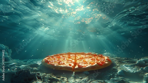 In a captivating 3Drendered seascape, behold the sight of a pizza soaring through the ocean depths with unmatched speed and determination photo