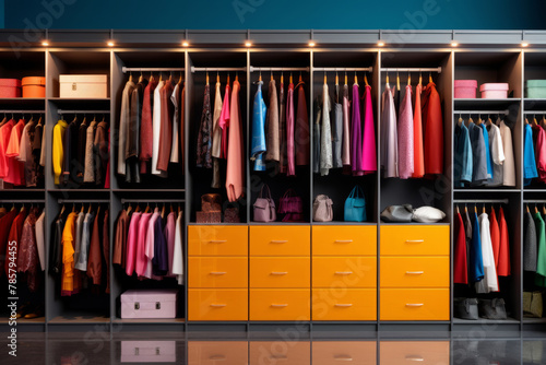 Colorful modern open closet with clothes of different rainbow colors © fahrwasser
