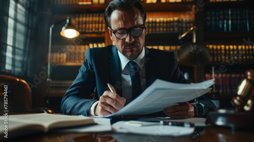 The lawyer sits upright at their desk confidently flipping through case files with a pen in hand. Their intense gaze reflect their drive and determination to achieve justice for their .
