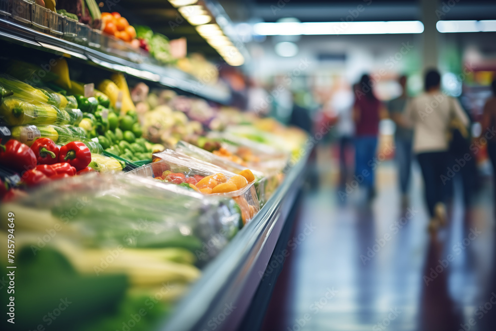 Fruits and vegetables in the refrigerated shelf of a supermarket Fruits and vegetables in the refrigerated shelf of a supermarket