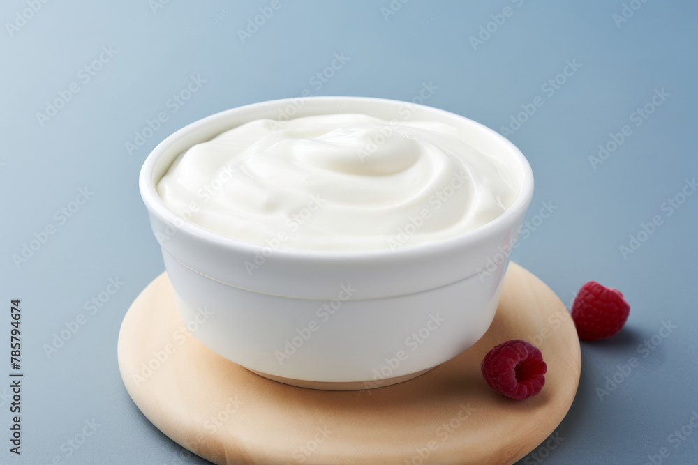 Plain yogurt or Greek yogurt in a bowl served with fresh berries on light blue background Plain yogurt or Greek yogurt in a bowl served with fresh berries on light blue background