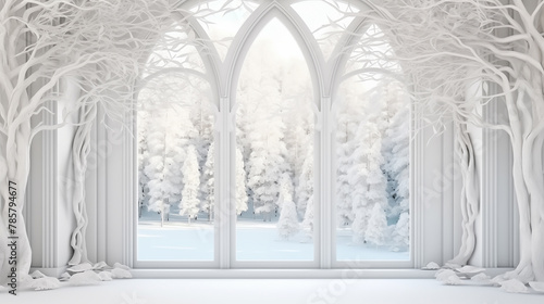 3D render of a white arch with a window, in a fantasy background, winter landscape © Hatai