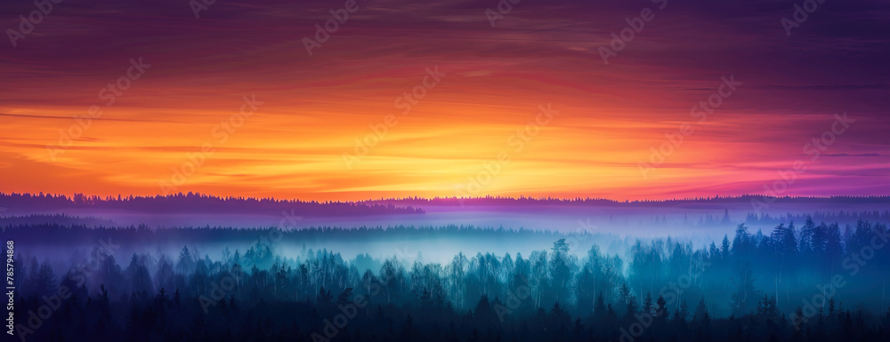 Fototapeta premium Panoramic realistic illustration of amazing colorful sunset in the forest