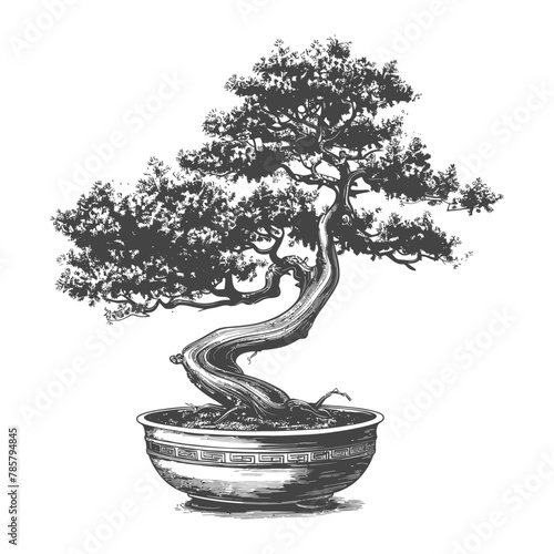 bonsai tree images using Old engraving style body black color only