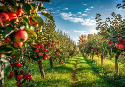Apple orchard in autumn green grass, beautiful scenery, green nature
