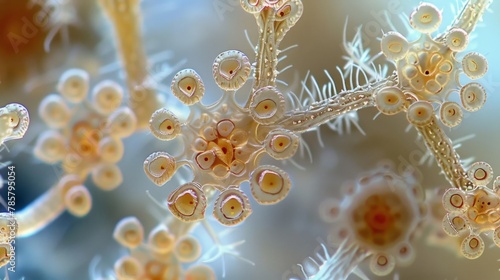 A microscopic view of multiple fungal spores each one resembling a miniature flower with intricate petals.